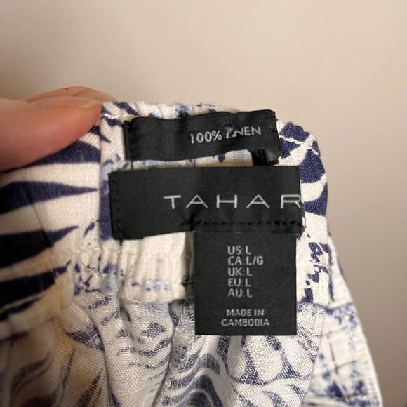 TAHARI navy/white leaf print 100% linen wide leg crop pull on pants size large - Picture 5 of 6